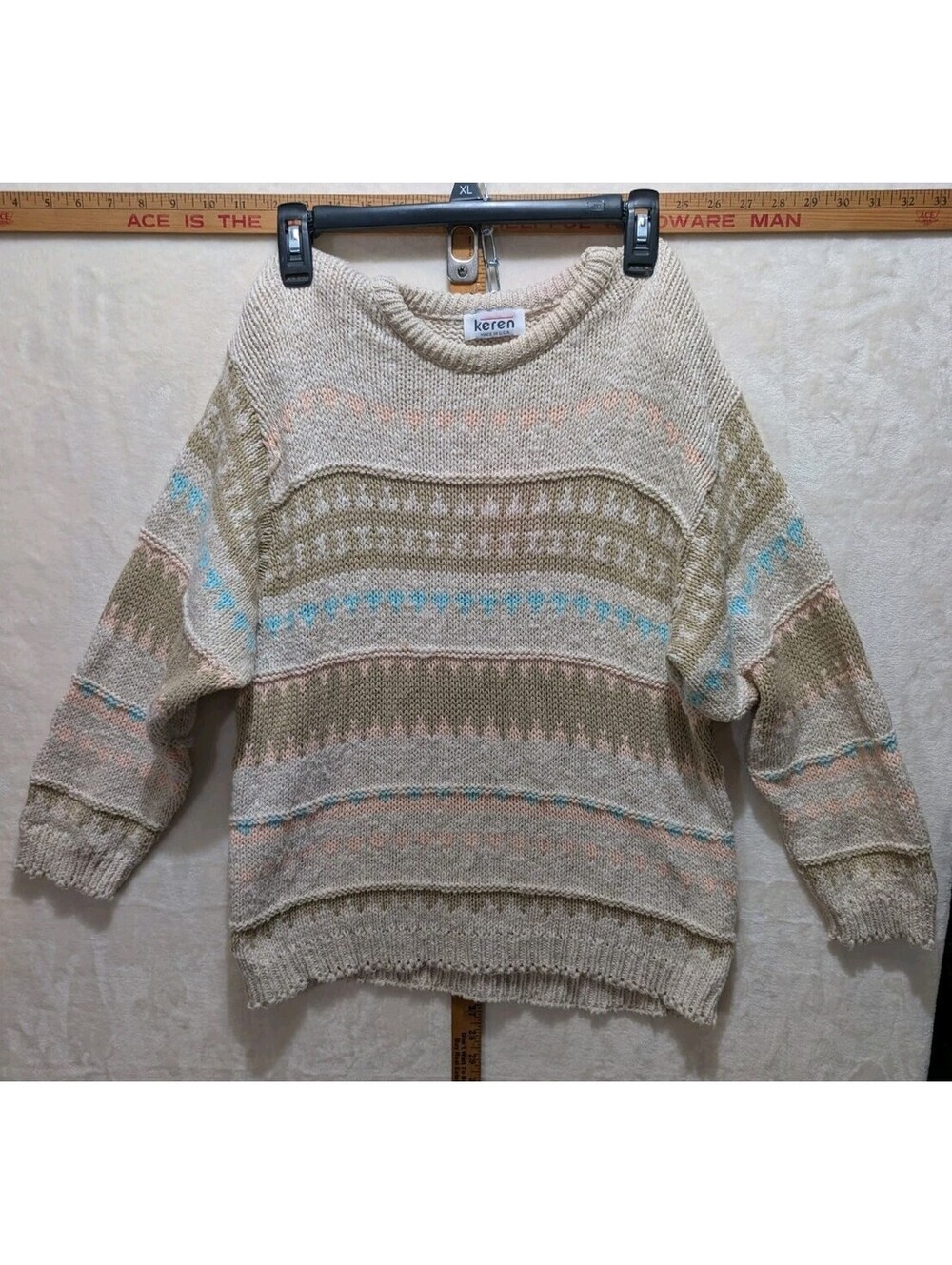 Vintage Late 80s Early 90s Keren Slouchy Knit Pullover Sweater Made in USA Cream